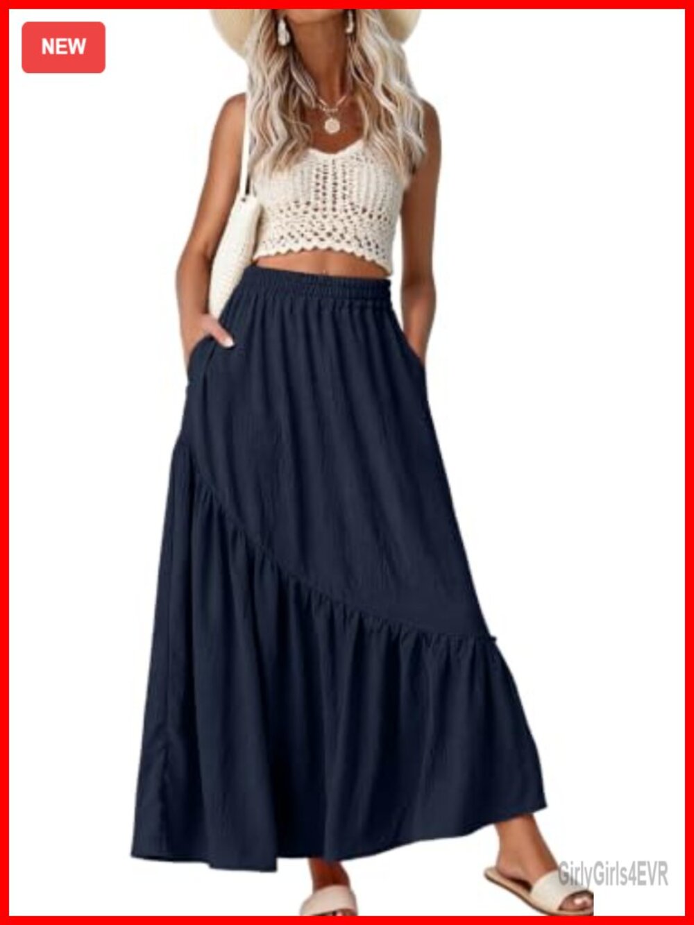 Women's Maxi Skirt High Waist Tiered A-Line Pockets 100% Polyester
